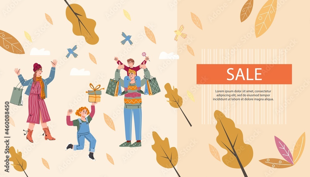 Obraz premium Autumn seasonal sale website or landing page layout, family shopping concept. Webpage with family and child going shopping, flat vector illustration.