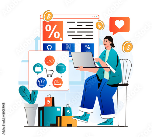 Online shopping concept in modern flat design. Woman shopping using laptop, orders and pays for purchases on store website. Discount and customer loyalty program at store website. Vector illustration