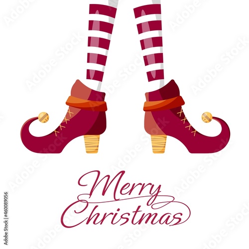 Vector creative merry christmas greeting card with cartoon elf legs and greeting calligraphic text. Merry christmas card on white background. Vector merry christmas background with elf.