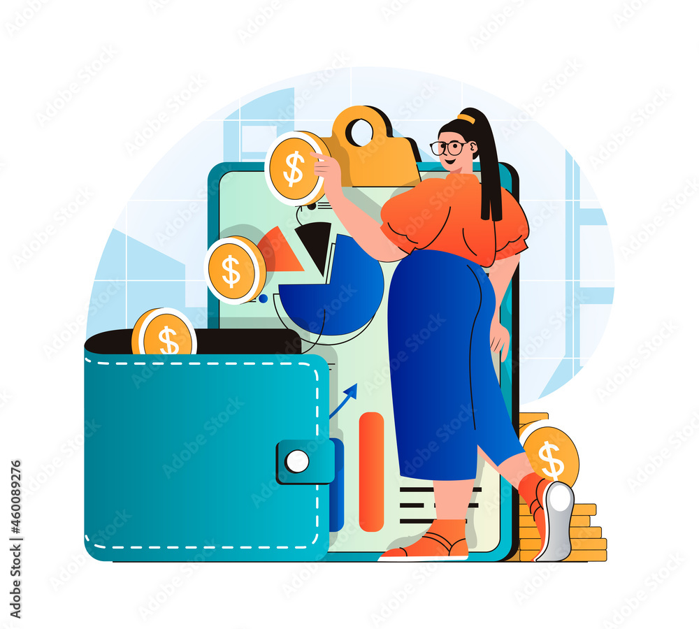Planning financial budget concept in modern flat design. woman analyzes financial statistics, income and expenses, keeps accounting records. Success strategy and investment. Vector illustration Planning financial budget concept in modern flat design. woman analyzes financial statistics, income and expenses, keeps accounting records. Success strategy and investment. Vector illustration