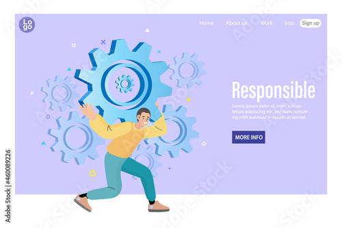 Business responsibility concept. A man carries a large heavy gear, symbolizing his important role and accountability in a process. Vector for a corporate website about leadership and teamwork.