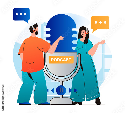 Podcast streaming concept in modern flat design. Woman and man in headphones talking in microphone at live radio show at studio. Host and guest discussing at live broadcasting. Vector illustration