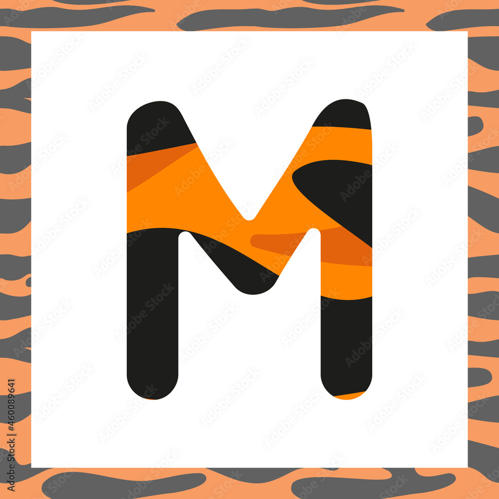 Letter M with tiger pattern. Festive font and frame from orange with black stripes alphabet, symbol for New Year and Christmas Letter M with tiger pattern. Festive font and frame from orange with black stripes alphabet, symbol for New Year and Christmas