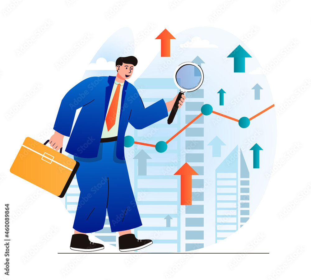 Searching opportunity concept in modern flat design. Businessman with briefcase is looking for new profitable business projects. Successful strategy, leadership and investment. Vector illustration Searching opportunity concept in modern flat design. Businessman with briefcase is looking for new profitable business projects. Successful strategy, leadership and investment. Vector illustration
