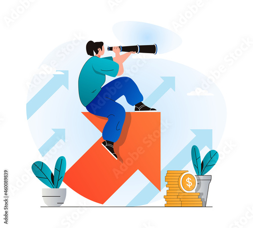 Searching opportunity concept in modern flat design. Woman looks through spyglass and looks for new business projects or vacancies. Achieving career goals and professional growth. Vector illustration