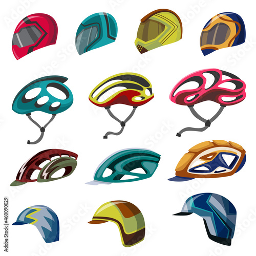 Helmets collection for scooter, bicycle, bike, car and motorcycle sport. Head protection. Cartoon flat sport helmet icon set