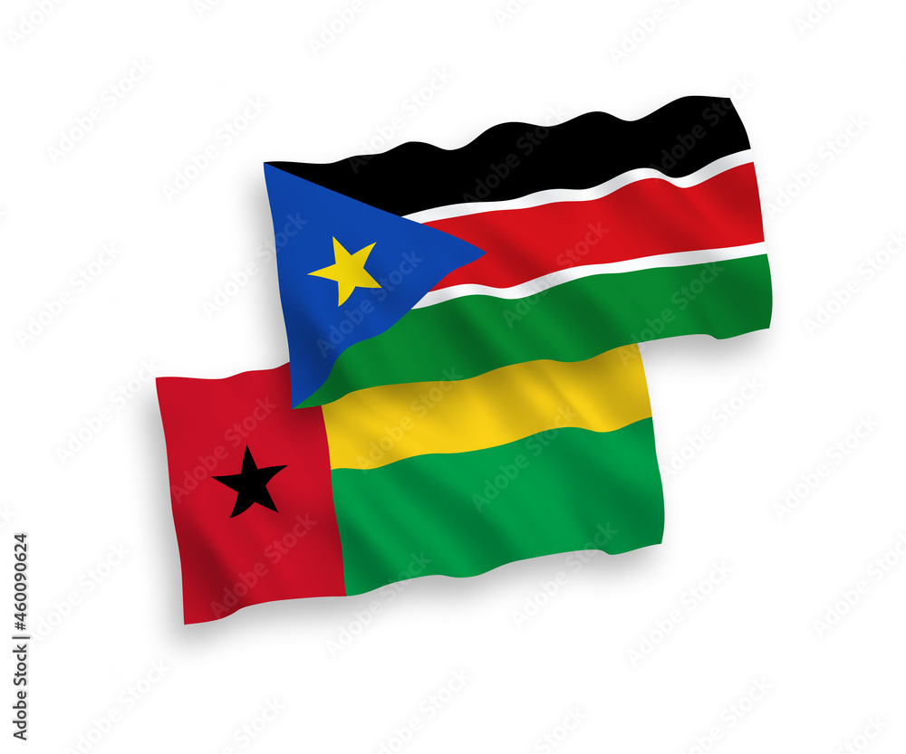 National vector fabric wave flags of Republic of Guinea Bissau and Republic of South Sudan isolated on white background. 1 to 2 proportion. National vector fabric wave flags of Republic of Guinea Bissau and Republic of South Sudan isolated on white background. 1 to 2 proportion.