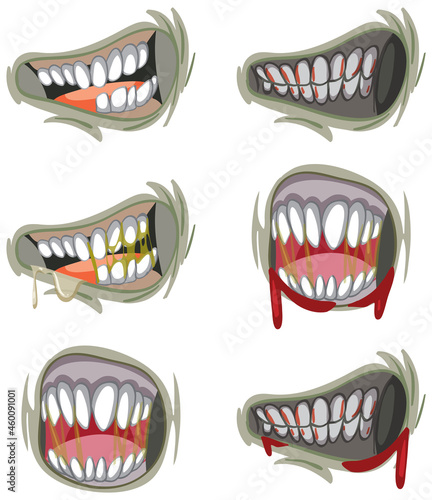 Set of many creepy zombie mouth with teeth
