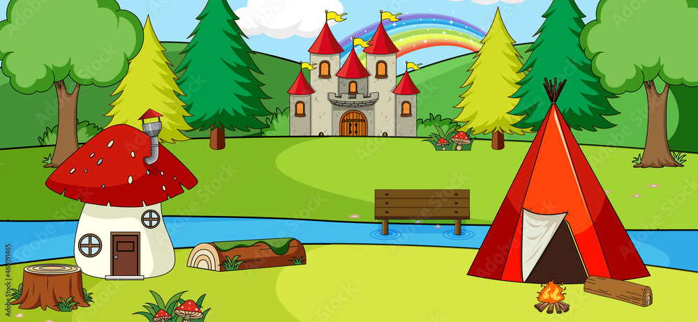 Outdoor scene with castle and camping tent in the park