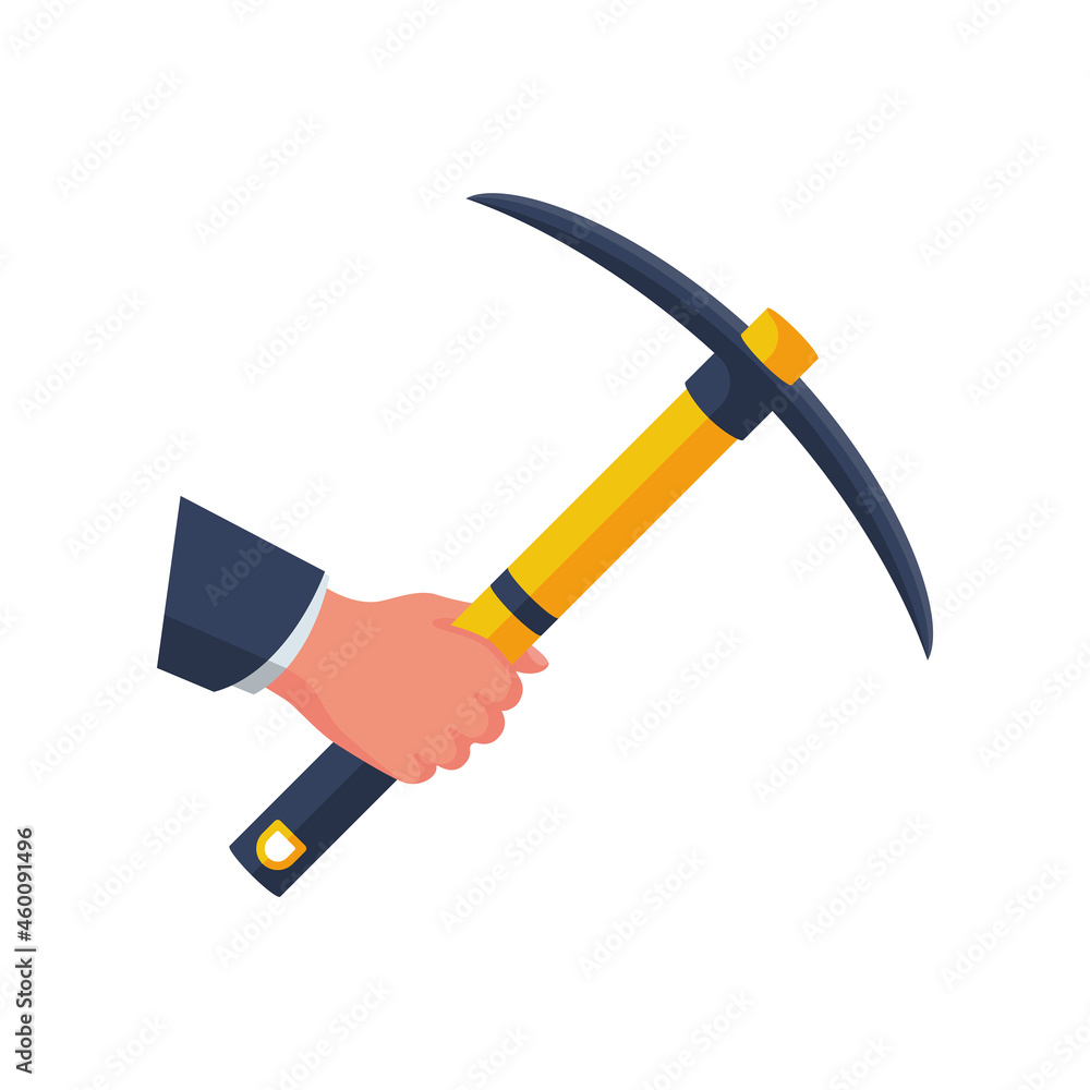 Mining concept. Pickax in hand. Mainer holds in hands tools. Mining precious stones and cryptocurrencies. Monetary mine axe. Vector illustration flat design. Isolated on white background. Mining concept. Pickax in hand. Mainer holds in hands tools. Mining precious stones and cryptocurrencies. Monetary mine axe. Vector illustration flat design. Isolated on white background.