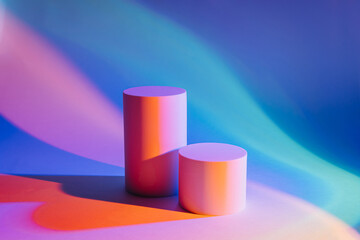 Abstract background with podiums in neon light for product presentation. Stylish geometric shapes to show  products.