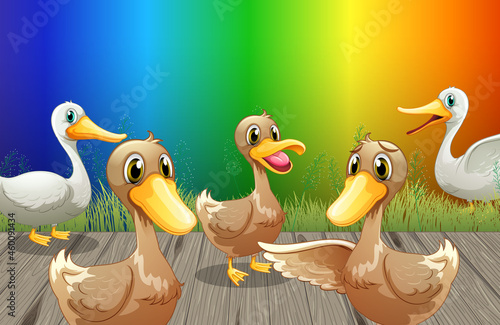 Many ducks cartoon character on rainbow gradient background