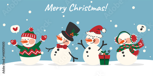Christmas holiday banner of a group of cute snowman wearing a Santa hat, black hat, bow tie and winter clothes with snowy background on a light blue sky background with snowflakes. 