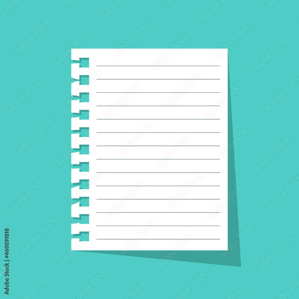 Sheet with notepad. Memo concept. Broken page from a diary. Note on a white blank pure sheet. Vector illustration flat design. Isolated on white background. Sheet with notepad. Memo concept. Broken page from a diary. Note on a white blank pure sheet. Vector illustration flat design. Isolated on white background.