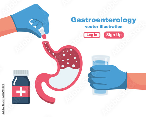 Gastroenterology concept. Landing page, medical clinic template. Diagnostic equipment. Health check. Group of doctors treats the stomach. Vector illustration flat design. Isolated on white background.