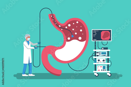 Gastroenterology concept. Clinical researches. Vector illustration flat design. Isolated on white background. Diagnosis of the disease of the stomach. Landing page, medical clinic template.