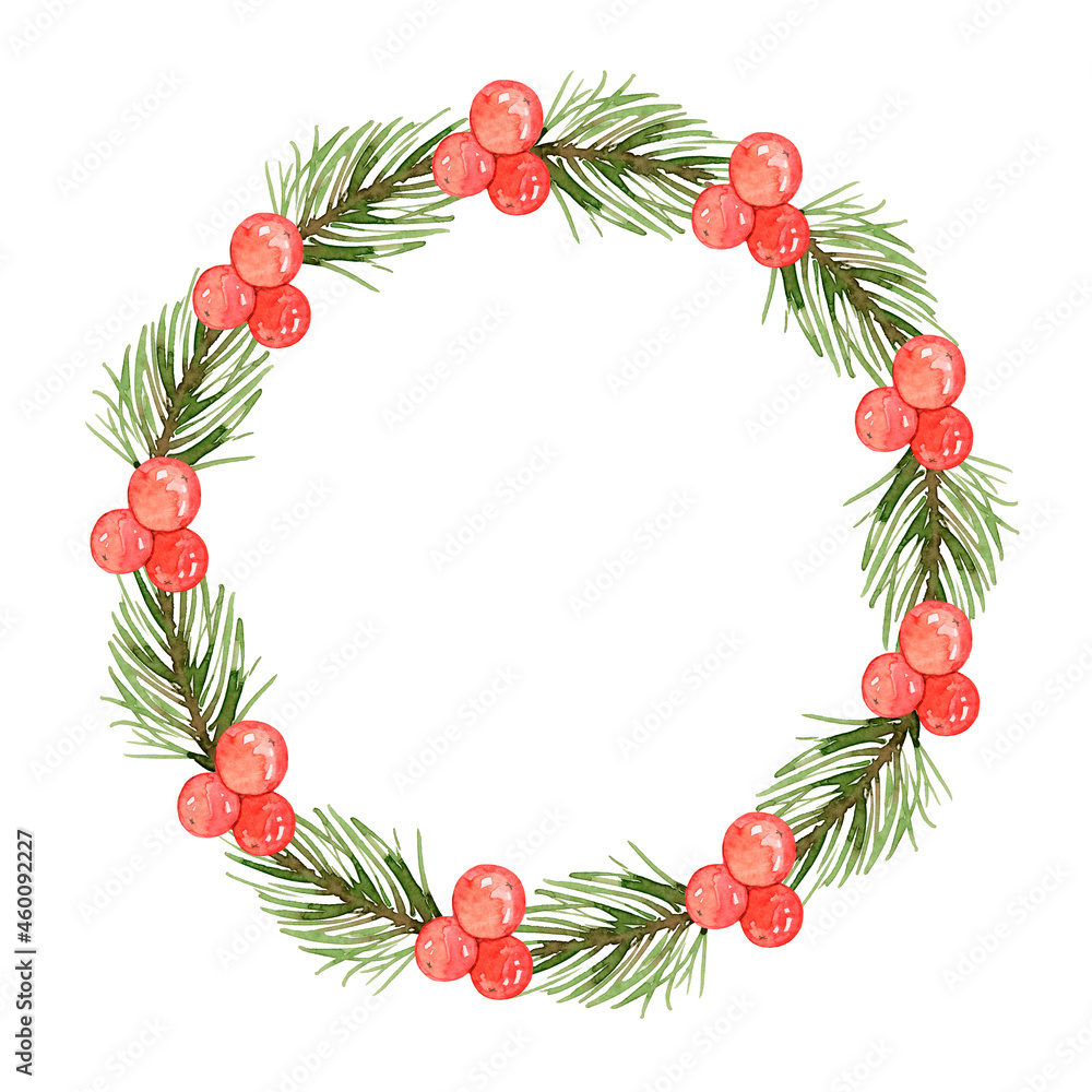 Watercolor Christmas wreath of fir branches and red berries. Isolated over white background. Festive frame. Holly Berry. Watercolor Christmas wreath of fir branches and red berries. Isolated over white background. Festive frame. Holly Berry.