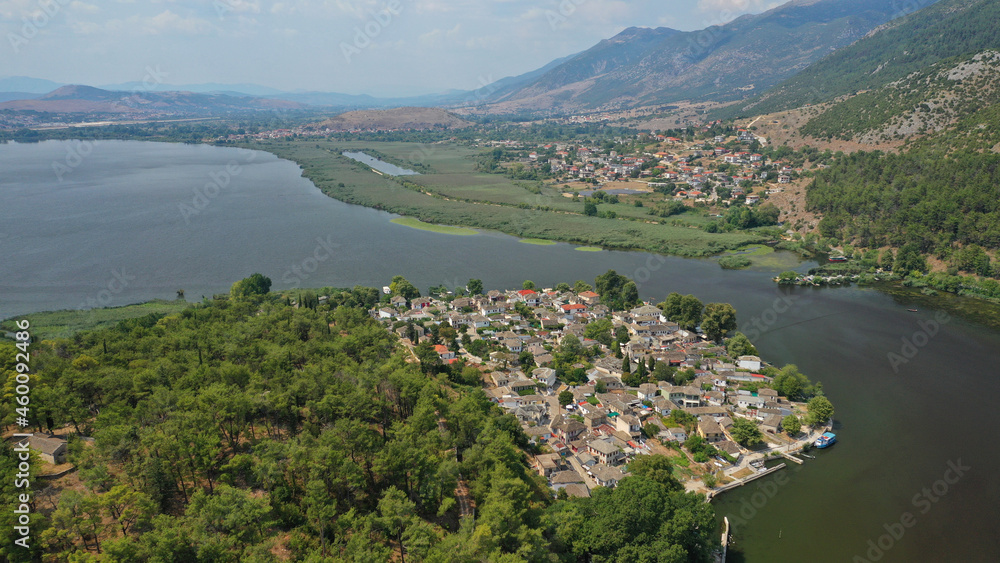 Aerial drone photo of beautiful small inhabited  island in lake Pamvotida of Ioannina featuring Ali Pasha and Revolutionary Period Museum, Epirus, Greece