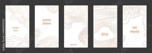 Contour lines on topographic maps, geographic map background. Vector set of social media stories template with copy space