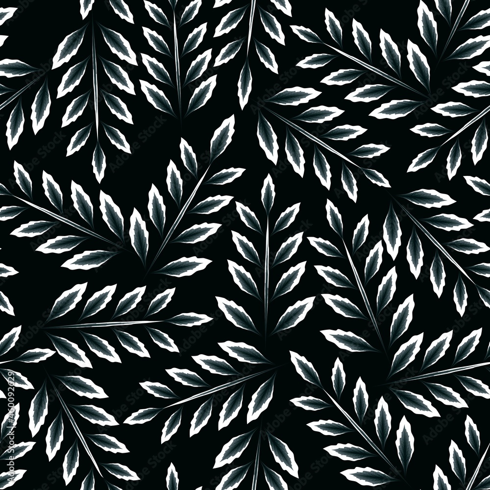Fototapeta glowing white green plant leaves on a dark background seamless tropical pattern. foliage decorative. tropical wallpaper. fashionable texture. exotic tropics