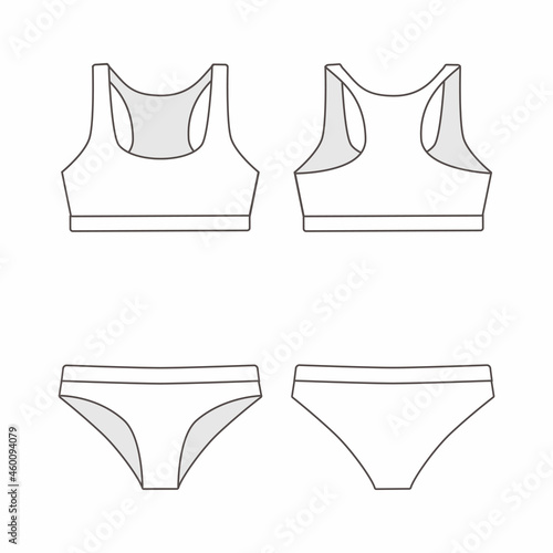 Mockup of set of sports underwear for women in linear style. Front and back views. Vector illustration. Flat style