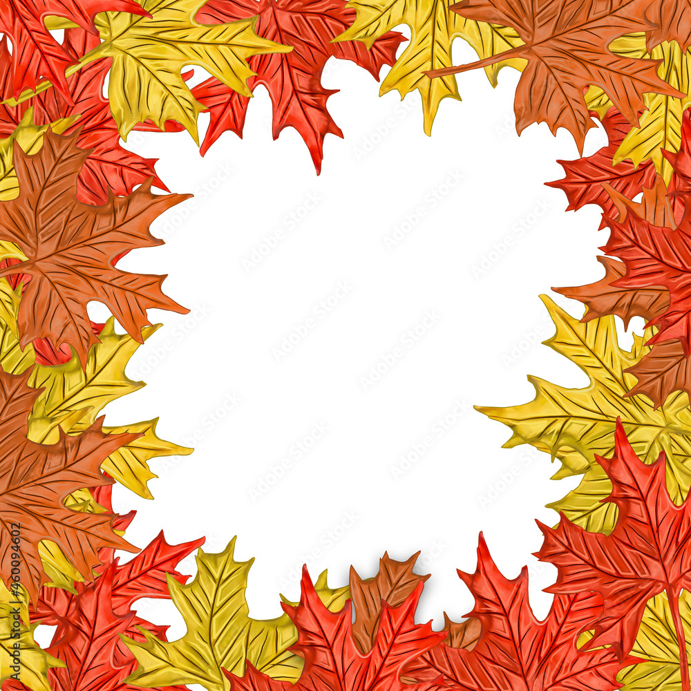 plasticine 3d illustration. Frame made of red, yellow autumn leaves, on a white background, place for text