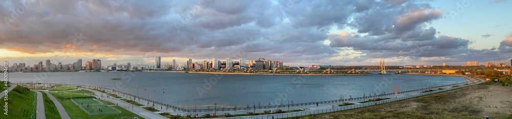 Panoramic view of Kazan and the Kazanka river on a cloudy day, Tatarstan, Russia