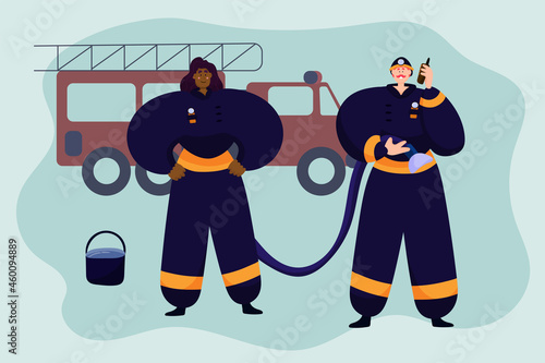 Firefighters of different races at work. Multinationality.