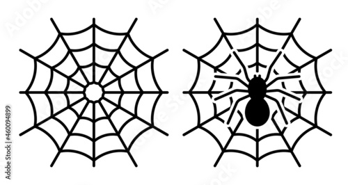 Linear icon. Spider web with a black spider in center. Design element for Halloween. Simple black and white vector isolated on white background