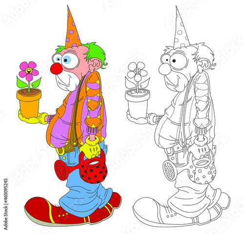 Clown au pot de fleur et à l'arrosoir 