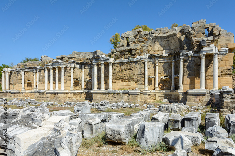 Fountain Nymphaeum in Side. Turkey. Antalya. Alania. Monumental Fountain. Nymphaeum. Ancient ruins. Attractions Side