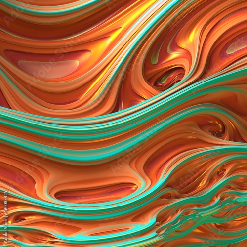 Trendy composition in orange and blue colors. Abstract 3D liquid background.