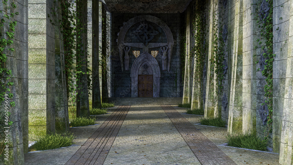 Obraz premium 3D rendering of an old medieval fantasy cstle hall with stone columns leading to a wooden doorway.