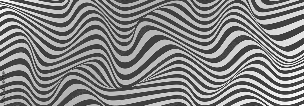 Wavy lines black and white background. Optical illusion striped wide background design. Vector abstract wide horizontal background. White and gray shade colors.
Wavy lines black and white background. Optical illusion striped wide background design. Vector abstract wide horizontal background. White and gray shade colors.