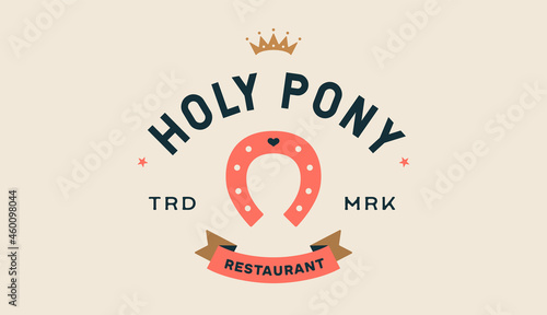 Sign, logo with horseshoe. Template sign, logotype with good luck fortune sign, graphic, crown, ribbon, lucky symbol and text Restaurant. Design elements, vintage style. Vector Illustration