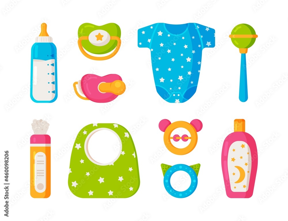 Vector illustration of a baby care and play kit. Baby kit. Baby kit: baby carrier, pacifier, toys, rattles, powder, bib, shampoo and milk. Colored baby icons Vector illustration of a baby care and play kit. Baby kit. Baby kit: baby carrier, pacifier, toys, rattles, powder, bib, shampoo and milk. Colored baby icons