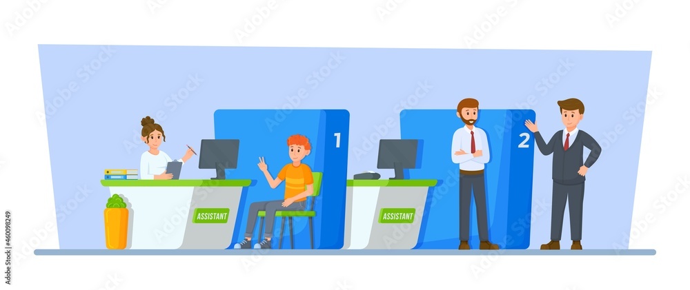 Vector illustration of bank day. Client and bank teller at the cash register window. Registry. Bank branch. Bank window. Vector illustration of bank day. Client and bank teller at the cash register window. Registry. Bank branch. Bank window.