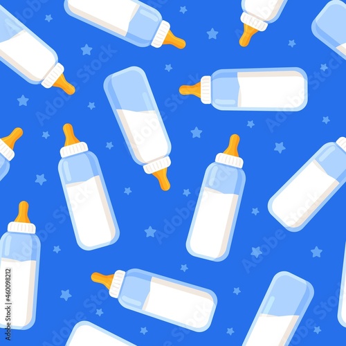 Vector illustration of a pattern of baby milk bottles. Seamless illustration with lots of baby bottles. Seamless pattern for diapers, wallpaper, wrapping paper, clothes and the rest. 