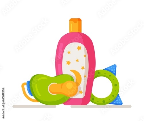 Vector illustration of baby objects. Concept of baby hygiene products and toys. Things to take care of a baby. Picture on white background with: shampoo, pacifier and toy. 