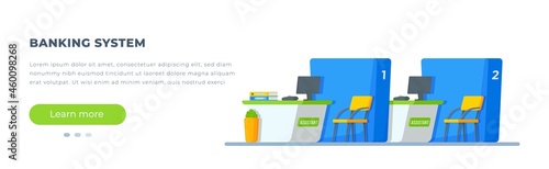 Vector illustration of the banking system. Two bank branches for card processing or solving a banking problem. Loan repayment or processing, investment, bank card