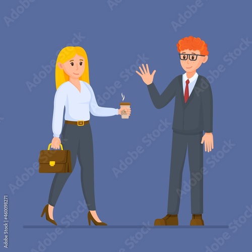 Vector illustration of business meeting. Business people having a board meeting. Two interlocutors isolated on blue background. 