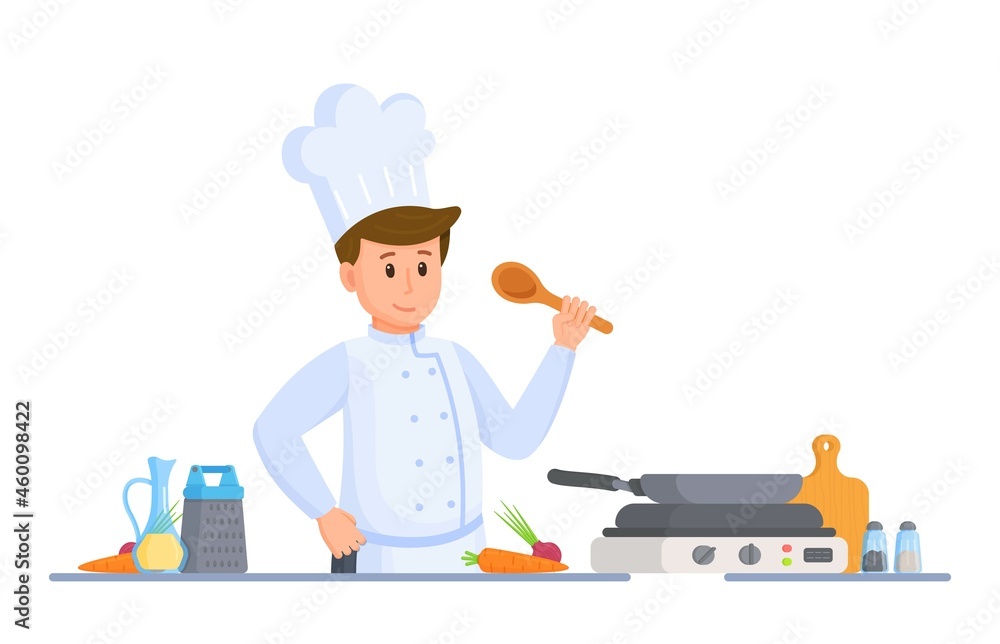 Vector illustration of chef's kitchen. Cooking in a restaurant kitchen. Head chef. Hospitality. Roasting in a pan. Vector illustration of chef's kitchen. Cooking in a restaurant kitchen. Head chef. Hospitality. Roasting in a pan.