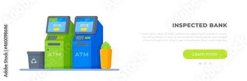Vector illustration of an inspected bank. Two ATMs isolated on white background. Flat isometric picture in cartoon style. Card withdrawal or recharge device. 