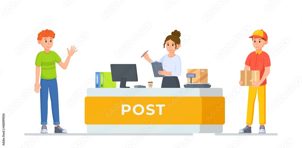 Obraz premium Vector illustration visit post. Post office concept. Picking up a parcel from the post office. Ordering online.