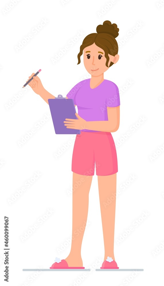 Vector illustration of a woman character. Girl isolated on white background with overhead in hand. Custom painting. Home style. Vector illustration of a woman character. Girl isolated on white background with overhead in hand. Custom painting. Home style.