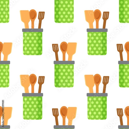 Vector illustration of wooden spatulas pattern. Endless cutlery jar pattern. Endless pattern of forks, spoons, spatulas and more. 