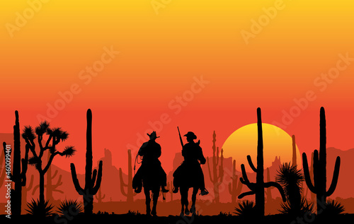 Cowboy riding a horse in a canyon at sunset vector silhouette landscape wallpaper