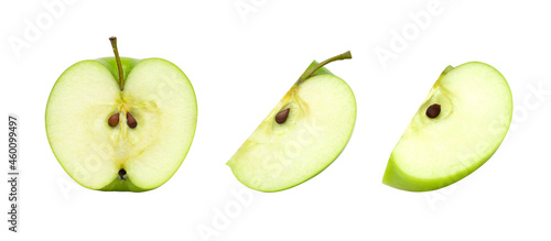apple fruit halves and slices isolated on white background, fresh green apple fruit, collection.