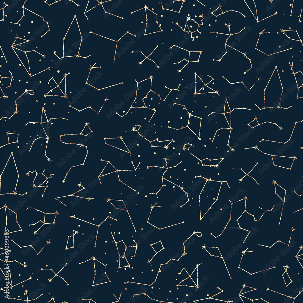 Astrological seamless pattern with stars and constellations. Gold foil texture Astrological seamless pattern with stars and constellations. Gold foil texture