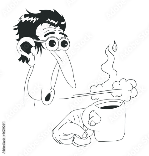 Personnage sui souffle sur une tasse de thé pour la refroidir